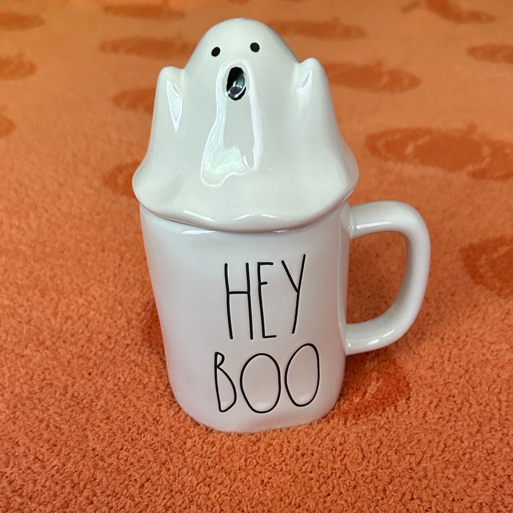 White “Hey Boo” Rae Dunn mug with ghost topper